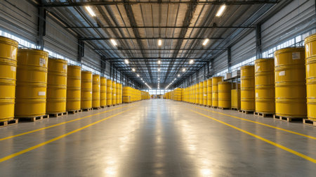 A spacious industrial warehouse interior showcasing neatly arranged yellow drums on pallets, with high ceilings and ample lighting creating an efficient storage environment.の素材