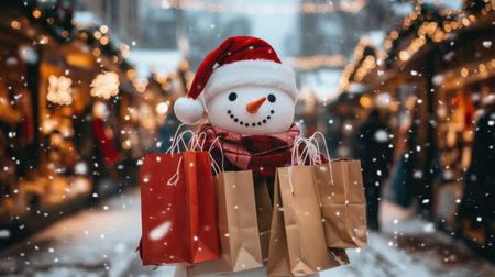 A delightful snowman holds shopping bags in a bustling winter market, surrounded by softly falling snow and twinkling lights, evoking festive cheer and holiday spirit.の素材