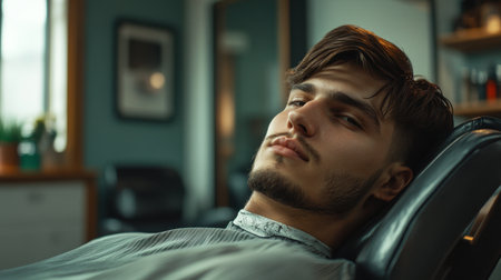 A young man reclines in a barber shop chair, embracing a moment of relaxation and anticipation for an exciting haircut experience in a stylish setting.の素材