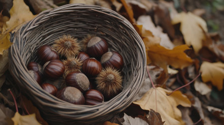 A rustic basket filled with freshly gathered chestnuts rests among vibrant autumn leaves, capturing the warm essence of fall harvest and natureの素材