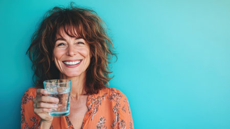 A cheerful woman enjoys a glass of water while smiling warmly, showcasing a vibrant lifestyle. This portrait captures the essence of joy, wellness, and refreshment.の素材