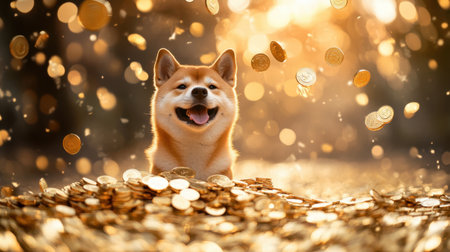 A cheerful Shiba Inu dog enjoys a moment of joy under sunlight, surrounded by falling golden coins. The scene radiates warmth, happiness, and abundance, creating a magical atmosphere.の素材