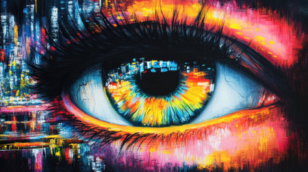 This striking image features a close-up view of an eye, enhanced with vibrant colors and abstract reflections that evoke urban landscapes and creativity.の素材