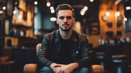 A confident young man in a leather jacket sits in a stylish cafe, embodying a relaxed yet charismatic vibe. The warm decor complements his thoughtful expression.の素材