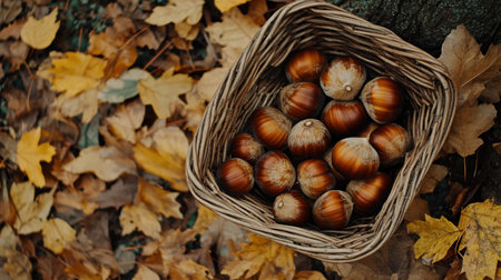 A rustic basket brimming with freshly gathered hazelnuts rests on a bed of colorful autumn leaves, portraying the beauty of the fall harvest season in nature's bounty.の素材