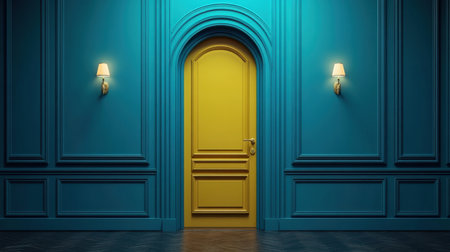A stunning yellow door stands out against a rich blue backdrop, enhanced by soft wall lights that create a warm, inviting atmosphere perfect for interior design ideas.の素材