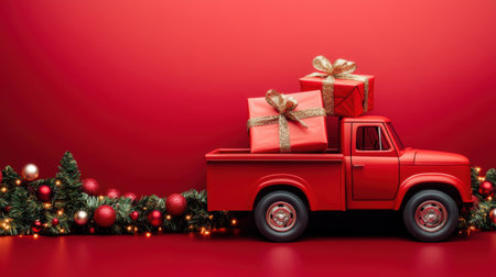 A classic red truck is adorned with beautifully wrapped gifts, resting against a vibrant red background, evoking warm holiday memories and festive cheer for seasonal celebrations.の素材