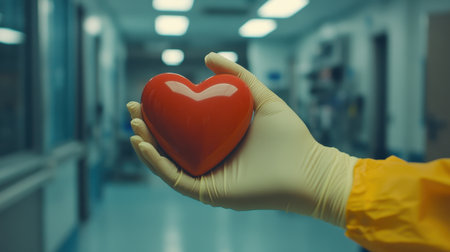 A human hand in protective gear delicately holds a vibrant red heart, symbolizing the vital role of compassion and care within the medical environment and healthcare profession.の素材