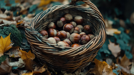 A rustic wicker basket brimming with freshly gathered chestnuts rests on a carpet of autumn leaves, embodying the charm of a peaceful forest and the beauty of seasonal harvest.の素材