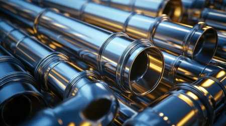 Close-up image of shiny metal pipes showcasing reflections and modern design. Ideal for technology and engineering themes in industrial contexts.の素材