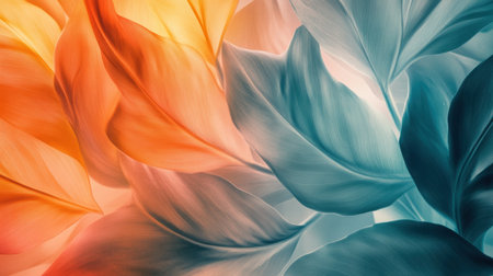 This captivating abstract image features vibrant leaf patterns in orange and blue hues, perfect for enhancing any space with a touch of natural beauty and artistic flair.の素材