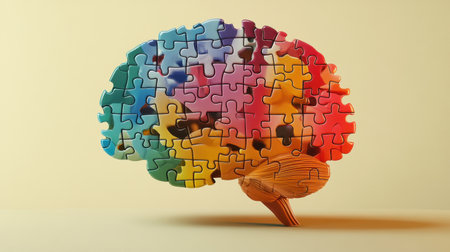 A vibrant puzzle piece brain sculpture representing creativity and cognitive processes, emphasizing the connection between problem-solving and mental health.の素材