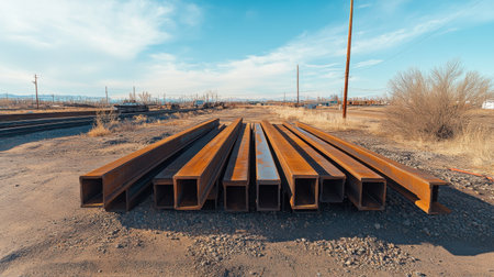 Rusted steel beams are arranged horizontally on gravel in an industrial yard, contrasting against a clear blue sky and distant power lines, creating a stark and weathered scene.の素材