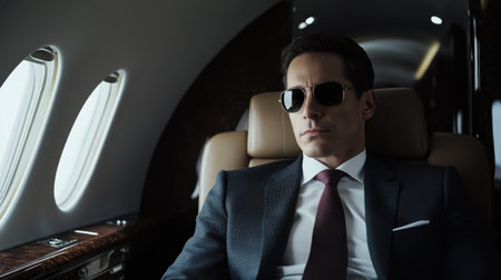 A sophisticated businessman enjoys a moment of relaxation in a stylish private jet cabin, showcasing elegance and confidence while traveling for business or personal ventures.の素材