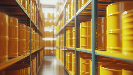 A modern warehouse interior showcasing neatly organized bright yellow containers on metal shelving, illustrating efficient storage solutions in an industrial setting.の素材