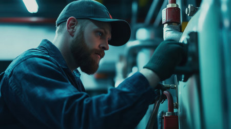 A dedicated technician is seen carefully adjusting industrial machinery in a modern facility, highlighting the importance of skill in maintenance and repair work.の素材