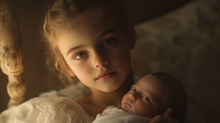 A touching portrait of a young girl lovingly cradling a newborn baby, captured in soft natural light, embodying the warmth and innocence of childhood and familial bonds.の素材