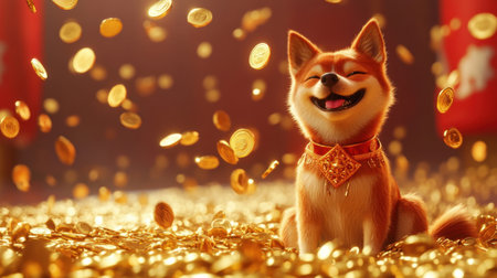 A cheerful Shiba Inu joyfully sits amidst a treasure of golden coins, radiating happiness, and evoking a festive spirit perfect for celebrations and good fortune.の素材