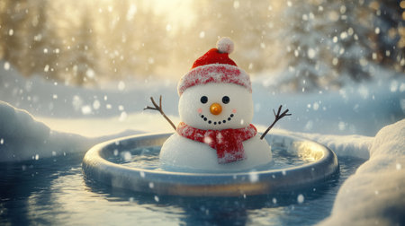 A cheerful snowman wearing a red hat floats on a frosty pond, surrounded by falling snowflakes in a serene winter landscape, creating a joyful holiday atmosphere.の素材