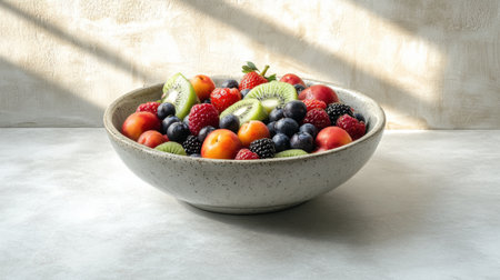 A vibrant assortment of fresh fruits displayed in a rustic bowl, featuring berries, kiwi, and cherries, perfect for promoting healthy eating and vibrant kitchen decor.の素材
