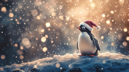 A charming penguin wearing a festive Santa hat stands atop a snowy base, surrounded by sparkling lights, capturing the essence of winter joy and holiday spirit.の素材