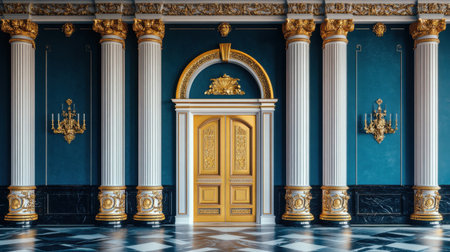 This stunning baroque interior features grand columns and intricate gold moldings, creating a luxurious atmosphere perfect for design inspiration and historical reference.の素材