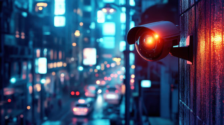 A striking urban scene featuring a surveillance camera watching over a neon-lit street filled with traffic and colorful advertising. The nighttime atmosphere showcases city life.の素材