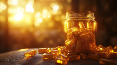 A glass jar filled with golden capsules is illuminated by soft sunlight, creating a warm ambiance on a rustic table surface, perfect for wellness and nutrition themes.の素材