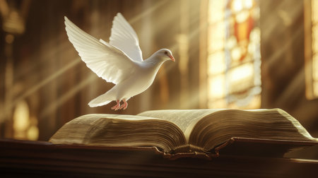 A stunning white dove gracefully flies above an open Bible, illuminated by soft sunlight in a peaceful chapel, symbolizing hope and spirituality in a serene atmosphere.の素材