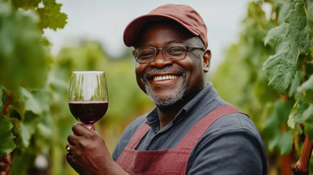 A joyful vineyard worker smiles widely while holding a glass of red wine, surrounded by lush grapevines, celebrating the essence of winemaking and nature.の素材