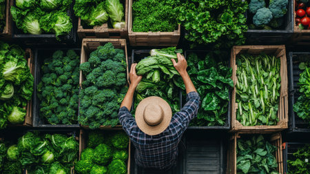 A farmer stands amidst a vibrant array of fresh greens and vegetables at a local market, showcasing the beauty and abundance of organic produce in a rustic setting.の素材