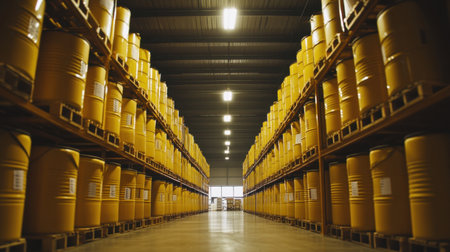 A well-organized warehouse showcases rows of yellow drums on sturdy shelves, highlighting efficient storage solutions for industrial operations in a bright environment.の素材