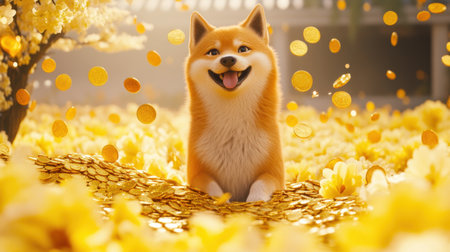 A cheerful Shiba Inu sits amid golden coins and bright yellow flowers, radiating joy and abundance in a vibrant spring scene, perfect for pet enthusiasts and nature lovers.の素材