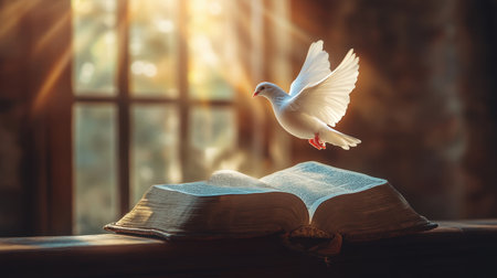 A gentle white dove gracefully flies above an open book, illuminated by soft sunlight streaming through a window, evoking feelings of peace, hope, and spirituality.の素材
