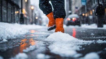 A vibrant scene of a person in bright orange boots walking through a snowy city street, capturing the beauty and chill of a cold winter day with soft snowflakes falling.の素材