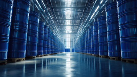 A dynamic view of a warehouse showcasing rows of bright blue industrial drums, reflecting off a polished floor under vibrant overhead lighting, emphasizing space and organization.の素材