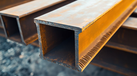 A close-up view of rusty steel beams in an industrial construction site. The image highlights the texture and design of structural materials used in engineering projects.の素材