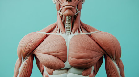 Vivid anatomical model highlighting human muscles in striking detail, ideal for education, healthcare, and artistic inspiration in anatomy studies and illustrations.の素材