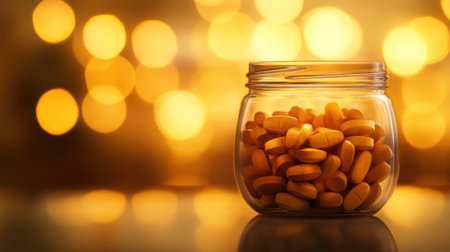 A glass jar showcases vibrant yellow pills, reflecting warm light against a beautiful bokeh background, perfect for themes of health, wellness, and nutrition.の素材