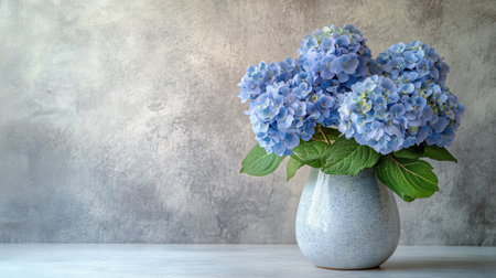 A stunning arrangement of blue hydrangea flowers in a stylish vase against a soft gray background, ideal for enhancing any interior with natural beauty and elegance.の素材