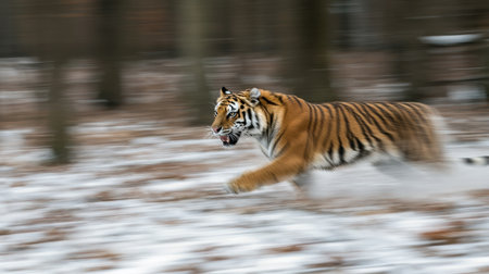 A stunning image of a tiger running swiftly through a snowy forest, showcasing its powerful physique and beautiful stripes, embodying the raw essence of nature.の素材