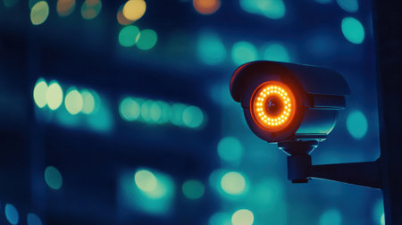 A modern security camera captures the urban landscape at night, surrounded by vibrant bokeh lights, emphasizing the importance of surveillance and safety in urban areas.の素材