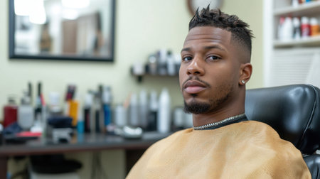 A young man sits in a barbershop chair, exuding confidence with his modern hairstyle. The background features various grooming tools, highlighting a professional atmosphere.の素材
