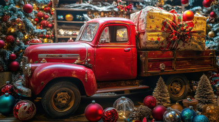 A charming vintage red truck parked with vibrant Christmas decorations, presents, and colorful ornaments, evoking a warm, nostalgic holiday spirit. Perfect for festive themes.の素材