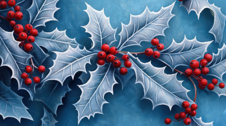 Capture the essence of winter with this stunning image of frosty holly leaves adorned with bright red berries, perfect for holiday-themed projects and seasonal designs.の素材