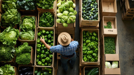 A dedicated farmer arranges boxes of fresh green vegetables in a local market, emphasizing healthy eating practices and the importance of sustainable agriculture for communities.の素材