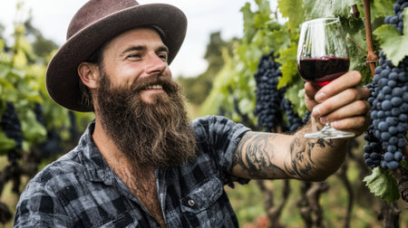 A smiling man with a beard enjoys a glass of red wine in a vibrant vineyard, surrounded by ripe grapes and green vines, capturing the essence of leisure and celebration in nature.の素材
