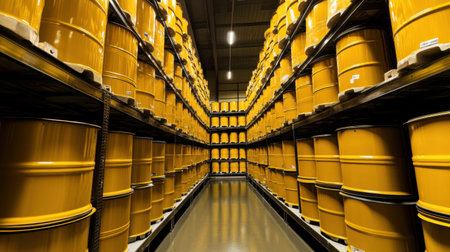 This image showcases an organized industrial warehouse, featuring tall stacks of bright yellow storage drums neatly arranged on metal shelving units under overhead lights.の素材