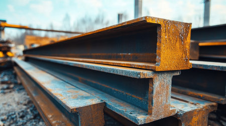 A close-up view of rusty steel beams stacked in an industrial environment, showcasing the texture and design of the metal, with construction elements in the background.の素材