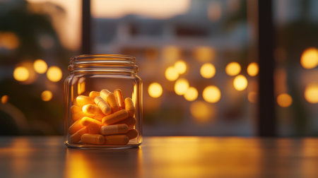 A glass jar filled with yellow capsules creates a serene ambiance in this soft-lit setting. Perfect for themes of health, wellness, and natural remedies.の素材
